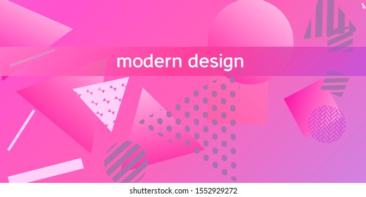 Geometric pink abstract background with trendy isometric shapes. Minimal universal banner templates in memphis style. Minimalistic pink background design with dynamic shapes. Vector illustration.