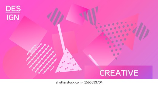Geometric pink abstract background with trendy isometric shapes. Minimal universal banner templates in memphis style. Minimalistic pink background design with dynamic shapes. Vector illustration.
