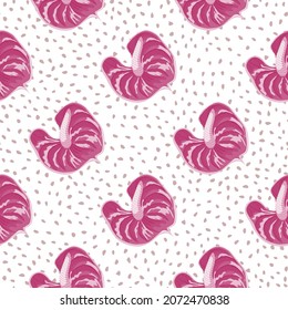 Geometric pink anthurium flowers seamless pattern on dots background. Trendy exotic hawaiian plants backdrop. Tropical botanical wallpaper. Design for fabric , textile, surface, wrapping paper