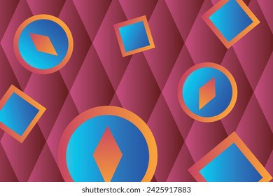 Geometric pink background with blue and yellow gradient elements. The composition combines various triangle shapes, lines and colors