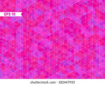 Geometric pink background with place for your text. Retro pattern of geometric shapes. Pink and violet mosaic banner. Retro triangles background. EPS 8.