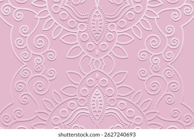 Geometric pink background, tribal cover design, ethnic banner. Lace 3D pattern, boho style. Embossed ornaments, arabesques, mandala. Motifs of the East, Asia, India, Mexico, Aztec, Peru.