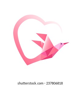 Geometric pink bird with heart ribbon. Flat design elements. vector illustration