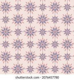 Geometric pink and blue abstract floral tile seamless vector pattern. Soft pastel pink and blue flowers on a square grid background. Retro style, repeat backdrop wallpaper texture, decorative print. 