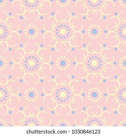 Geometric pink colored seamless pattern with blue and beige elements for wallpapers, textile and fabrics