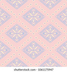 Geometric pink colored seamless pattern with blue and beige elements for wallpapers, textile and fabrics