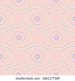 Geometric pink colored seamless pattern with blue and beige elements for wallpapers, textile and fabrics