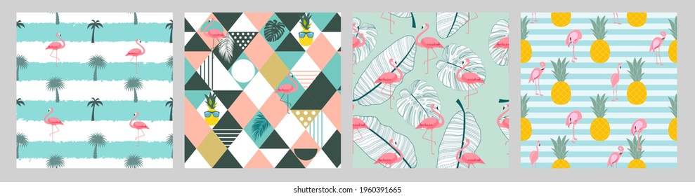 Geometric Pink Flamingo Seamless Pattern Background set. Vector Illustration. EPS10