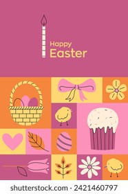 Geometric pink greeting card for Happy Easter with holiday icons. Trendy minimalistic illustration. Website decoration, graphic elements. Holiday covers, posters, banners, greeting card. Cute flat
