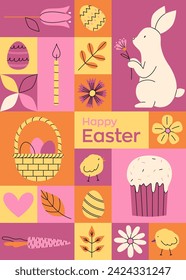 Geometric pink greeting card for Happy Easter. Trendy minimalistic illustration. Collection of holiday icons. Website decoration, graphic elements. Holiday covers, posters, banners, greeting card