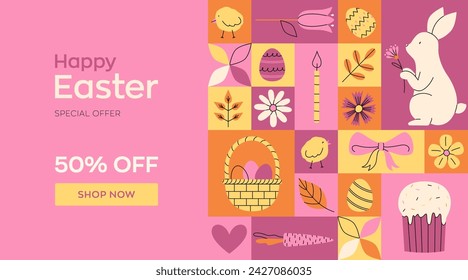 Banner de vacaciones rosa geométrico para la venta de Pascua feliz. Ilustración minimalista de moda. Decoración de sitios web, elementos gráficos. Cubiertas de vacaciones, carteles, tarjeta de felicitación. Lindas ilustraciones de vector plano