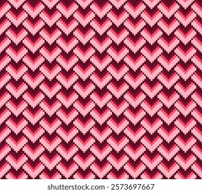 Geometric pink love heart pixel art pattern. Heart pixel background. love heart background. Geometric seamless pattern. Design for clothing, fabric, rug, carpet, woven and decoration.