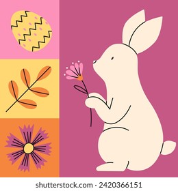 Geometric pink objects set for Happy Easter. Cute rabbit with flower. Trendy minimalistic illustration. Collection of holiday icons. Website decoration, graphic elements. Holiday covers, posters