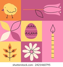 Geometric pink objects set for Happy Easter. Trendy minimalistic illustration. Collection of holiday icons. Website decoration, graphic elements. Holiday covers, posters, banners, greeting card. Cute