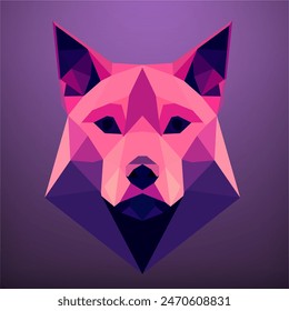 Cabeza de perro geométrica rosa y púrpura sobre un fondo púrpura. Arte vectorial, sots art, bajo poli, cubo-futurismo, pegatina, avatar de dibujos animados, logotipo animal, diseño surrealista