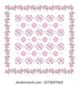 Geometric pink rose square pixel pattern. Pink rose pixel background. Rose background. Geometric seamless pattern. Design for clothing, fabric, rug, carpet, woven and decoration.