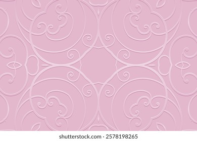 Geometric pink satin background, tribal cover design, banner. Openwork glamorous 3d pattern, embossing, vintage. Ethnic texture, ornaments, arabesques, mandala of the East, Asia, India, Mexico, Aztec