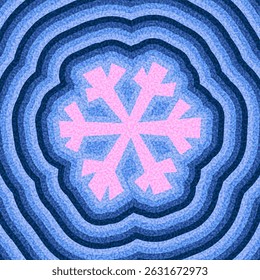 Floco de neve rosa geométrico centrado em camadas de linhas onduladas azuis com um estilo retro texturizado. Ilustração vetorial.