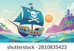 Geometric pirate ship with a skull and crossbones sail navigating ocean waters near a tropical futuristic island.