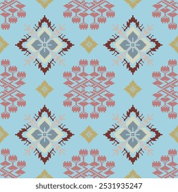 Design de arte pixel geométrico com motivo floral simétrico e cores terrosas no fundo azul-celeste, inspirado pela arte popular tradicional e padrões têxteis culturais