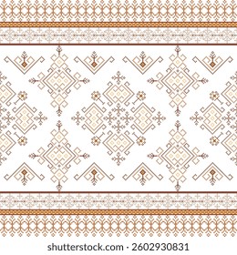 Geometric pixel art Navajo Native American pattern. Abstract pixel art geometric pattern design for fabric, tile, clothing, embroidery and background. Vector pixel art cross-stitch pattern. Pixelated 