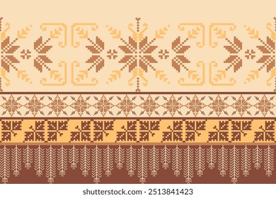 Geometric pixel art pattern. Abstract pixel art geometric pattern design for fabric, carpet, tile, clothing, embroidery, wallpaper, and background. Vector pixel art design. Ethnic pattern. Brown color