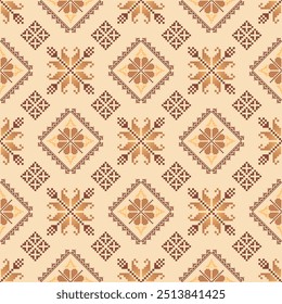 Geometric pixel art pattern. Abstract pixel art geometric pattern design for fabric, carpet, tile, clothing, embroidery, wallpaper, and background. Vector pixel art design. Ethnic pattern. Brown color