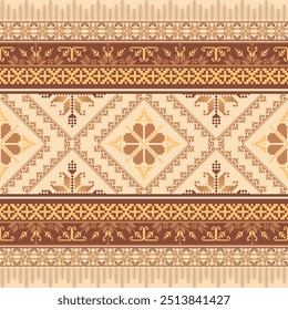 Geometric pixel art pattern. Abstract pixel art geometric pattern design for fabric, carpet, tile, clothing, embroidery, wallpaper, and background. Vector pixel art design. Ethnic pattern. Brown color
