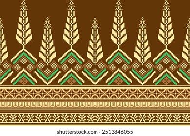  Geometric pixel art pattern. Abstract pixel art geometric pattern design for fabric, carpet, tile, clothing, embroidery, wallpaper, and background. Vector pixel art design. Ethnic pattern. 
