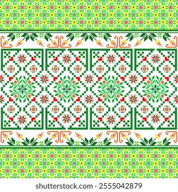 Geometric pixel art pattern. Abstract pixel art geometric pattern design for fabric, carpet, tile, clothing, embroidery, wallpaper, background. Vector pixel art design. Seamless, Festival, green, red