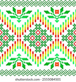 Geometric pixel art pattern. Abstract pixel art geometric pattern design for fabric, carpet, tile, clothing, embroidery, wallpaper, background. Vector pixel art design. Seamless, Festival, green, red