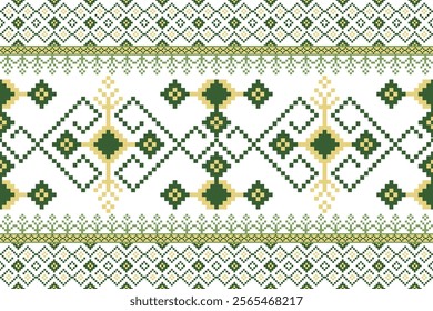 Geometric pixel art pattern. Abstract pixel art geometric pattern design for fabric, carpet, tile, clothing, embroidery, wallpaper and background. Vector pixel art design. green yellow, illustrative.