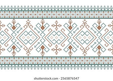 Geometric pixel art pattern. Abstract pixel art geometric pattern design for fabric, carpet, tile, clothing, embroidery, wallpaper and background. Vector pixel art design. green brown. illustrative.