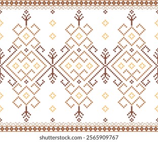 Geometric pixel art pattern. Abstract pixel art geometric pattern design for fabric, carpet, tile, clothing, embroidery, wallpaper and background. Vector pixel art design. green brown. illustrative.