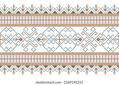 Geometric pixel art pattern. Abstract pixel art geometric pattern design for fabric, carpet, tile, clothing, embroidery, wallpaper and background. Vector pixel art design. green brown. illustrative.