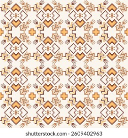 Geometric pixel art pattern. Abstract pixel art geometric pattern design for fabric, carpet, tile, clothing, embroidery, needlepoint and background. Vector pixel art seamless motif Native American.