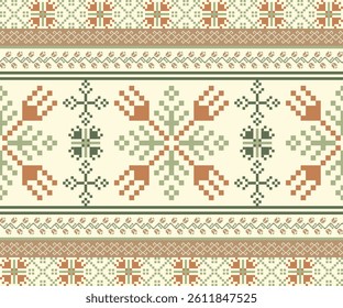 Geometric pixel art pattern. Abstract pixel art geometric pattern design for fabric, carpet, tile, clothing, embroidery, needlepoint and background. Vector pixel art seamless motif Native American.