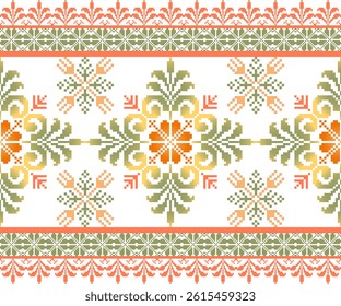 Geometric pixel art pattern. Abstract pixel art geometric pattern design for fabric, carpet, tile, clothing, embroidery, needlepoint and background. Vector pixel art seamless motif Native American.