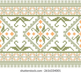 Geometric pixel art pattern. Abstract pixel art geometric pattern design for fabric, carpet, tile, clothing, embroidery, needlepoint and background. Vector pixel art seamless motif Native American.