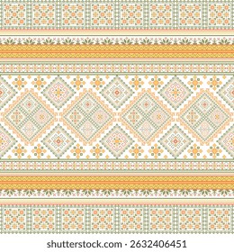 Geometric pixel art pattern. Abstract pixel art geometric pattern design for fabric, carpet, tile, clothing, embroidery, needlepoint and background. Vector pixel art seamless motif Native American