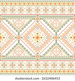 Geometric pixel art pattern. Abstract pixel art geometric pattern design for fabric, carpet, tile, clothing, embroidery, needlepoint and background. Vector pixel art seamless motif Native American