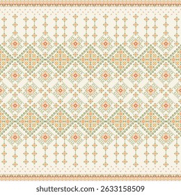 Geometric pixel art pattern. Abstract pixel art geometric pattern design for fabric, carpet, tile, clothing, embroidery, needlepoint and background. Vector pixel art seamless motif Native American 