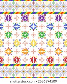 Geometric pixel art pattern. Abstract pixel art geometric pattern design for pride month, fabric, carpet, tile, clothing, needlepoint and background. Vector pixel art seamless motif, rainbow stripes
 