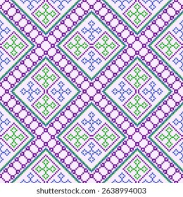 Geometric pixel art pattern. Abstract pixel art geometric pattern design for fabric, carpet, tile, clothing, embroidery, needlepoint and background. Vector pixel art seamless motif Native American.  
