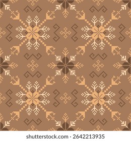 Geometric pixel art pattern. Abstract pixel art geometric ethnic pattern design for fabric, carpet, tile, rug, clothing, embroidery, needlepoint and background. Vector pixel art seamless motif ethnic
