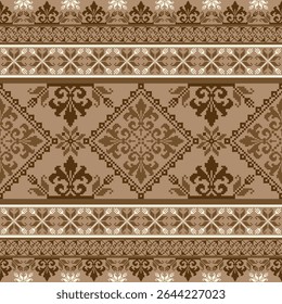 Geometric pixel art pattern. Abstract pixel art geometric ethnic pattern design for fabric, carpet, tile, rug, clothing, embroidery, needlepoint and background. Vector pixel art seamless motif ethnic
