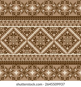 Geometric pixel art pattern. Abstract pixel art geometric ethnic pattern design for fabric, carpet, tile, rug, clothing, embroidery, needlepoint and background. Vector pixel art seamless motif ethnic
