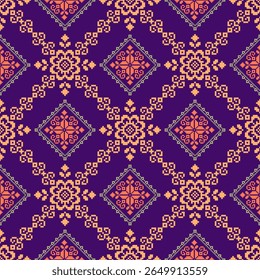 Geometric pixel art pattern. Abstract pixel art geometric ethnic pattern design for fabric, carpet, tile, rug, clothing, embroidery, needlepoint and background. Vector pixel art seamless motif ethnic 