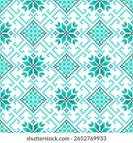 Geometric pixel art pattern. Abstract pixel art geometric ethnic pattern design for fabric, carpet, tile, rug, clothing, embroidery, needlepoint and background. Vector pixel art seamless motif ethnic 