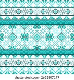 Geometric pixel art pattern. Abstract pixel art geometric ethnic pattern design for fabric, carpet, tile, rug, clothing, embroidery, needlepoint and background. Vector pixel art seamless motif ethnic 